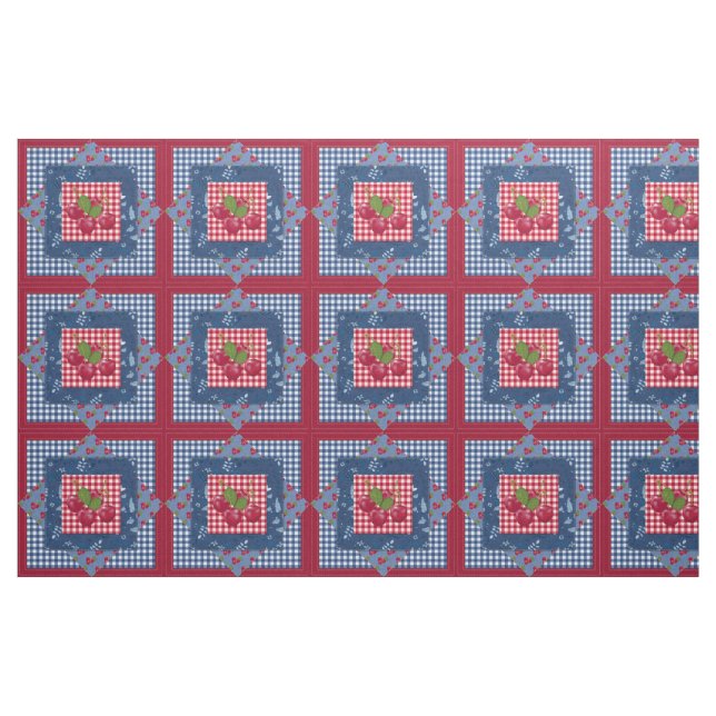 Red White Blue Cherries Gingham Patchwork Quilt Stoff (Yard (91,4 cm))