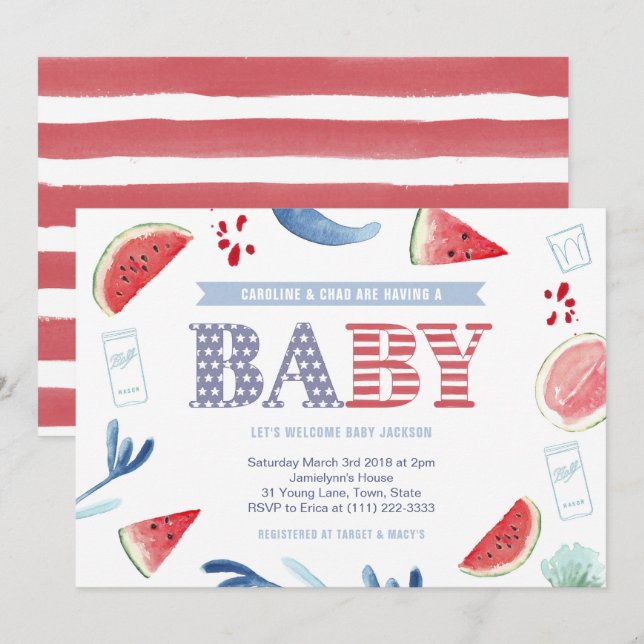 Red White Blue Cookout Paare Babydusche Einladung (Vorne/Hinten)