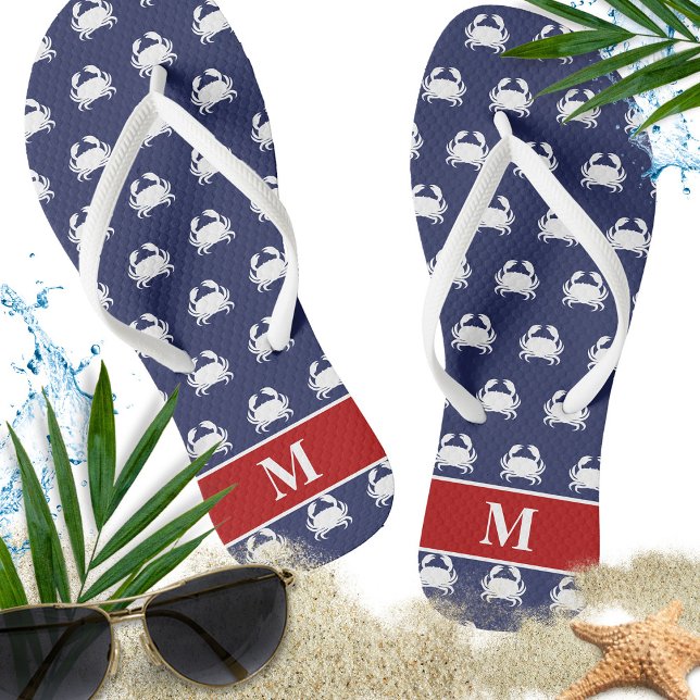 Red White Blue Crab Muster Nautical Personalize Flip Flops (Von Creator hochgeladen)