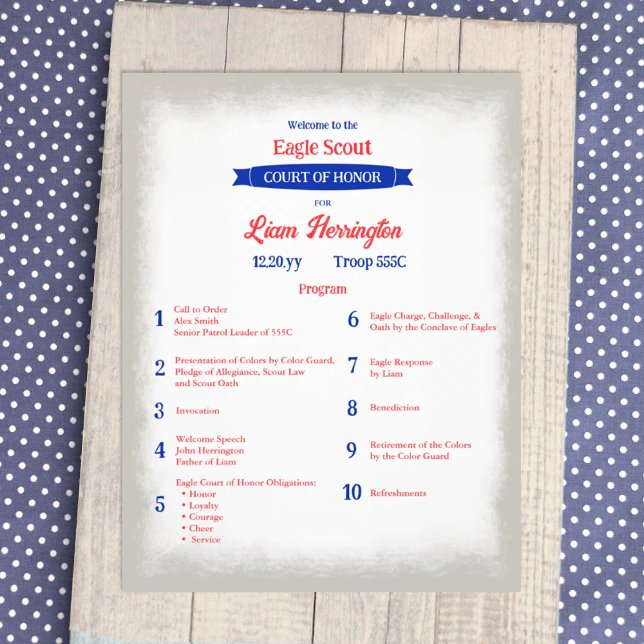 Red, White, Blue Eagle Court of Honor Program Flyer (patriotic red white and blue eagle scout court of honor ceremony program, flyer for event details)