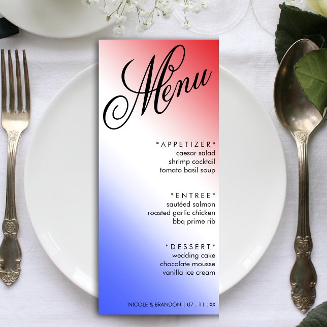 Red White & Blue Elegante Script Hochzeitsempfehlu Menükarte (Red White & Blue Elegant Script Wedding Reception Menu)