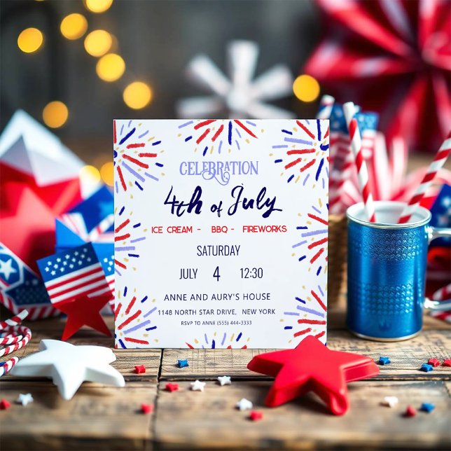 Red White Blue Fireworks 4. Juli Summer Party Einladung (A simple yet joyful invitation for your 4th of july party!)