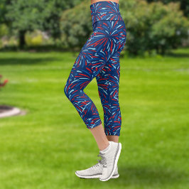 Red White Blue Fireworks Patriotic 4. Juli Capri Leggings