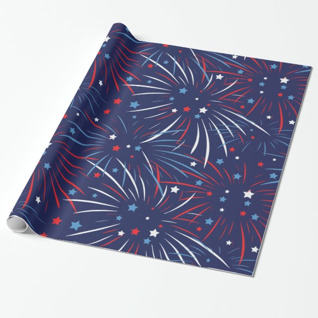 Red White Blue Fireworks Stars Geschenkpapier (Ungerollt)