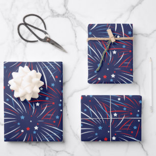 Red White Blue Fireworks Stars Wrapping Paper Geschenkpapier Set