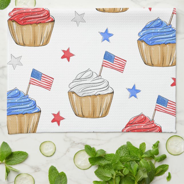 Red White Blue Flag Star Cupcakes Patriotic Geschirrtuch (Gefaltet)