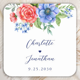 Red White Blue Floral 4. Juli Patriotic Wedding Quadratischer Aufkleber