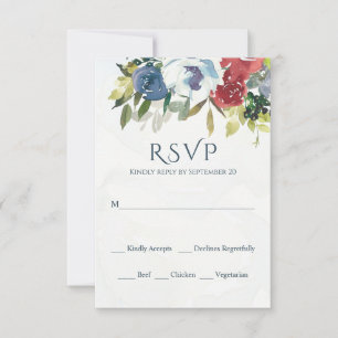 Red White Blue Floral Greenery Watercolor Wedding RSVP Karte