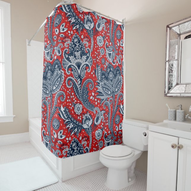 Red White & Blue Floral Paisley Bohemisch Boho Duschvorhang (Beispiel)