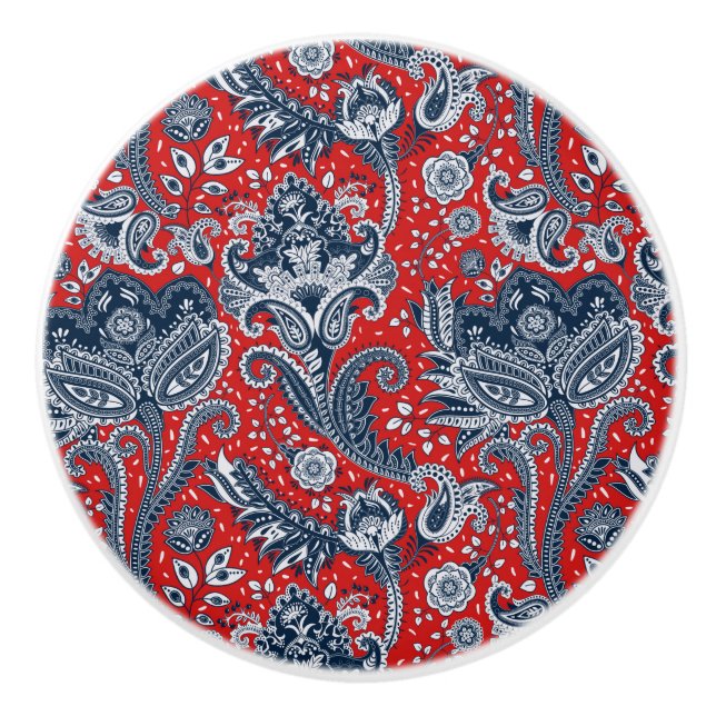 Red White & Blue Floral Paisley Bohemisch Boho Keramikknauf (Vorderseite)
