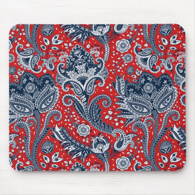 Red White & Blue Floral Paisley Bohemisch Boho Mousepad (Vorne)