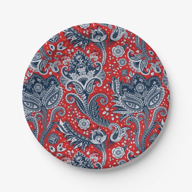 Red White & Blue Floral Paisley Bohemisch Boho Pappteller (Vorderseite)