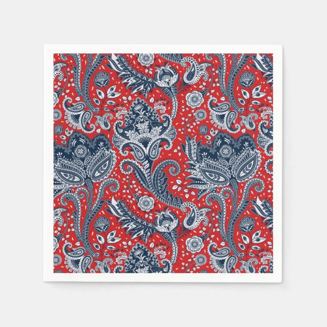 Red White & Blue Floral Paisley Bohemisch Boho Serviette (Vorderseite)