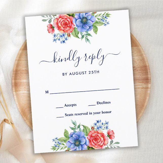 Red White Blue Floral Patriotic Wedding RSVP Einladungspostkarte (Von Creator hochgeladen)