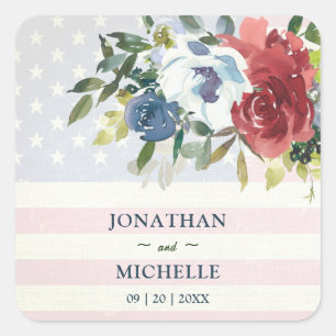 Red White Blue Floral USA Flaggen Aquarellfarben H Quadratischer Aufkleber