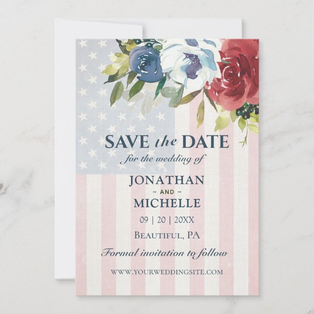 Red White Blue Floral USA Flaggen Aquarellfarben H Save The Date (Vorderseite)