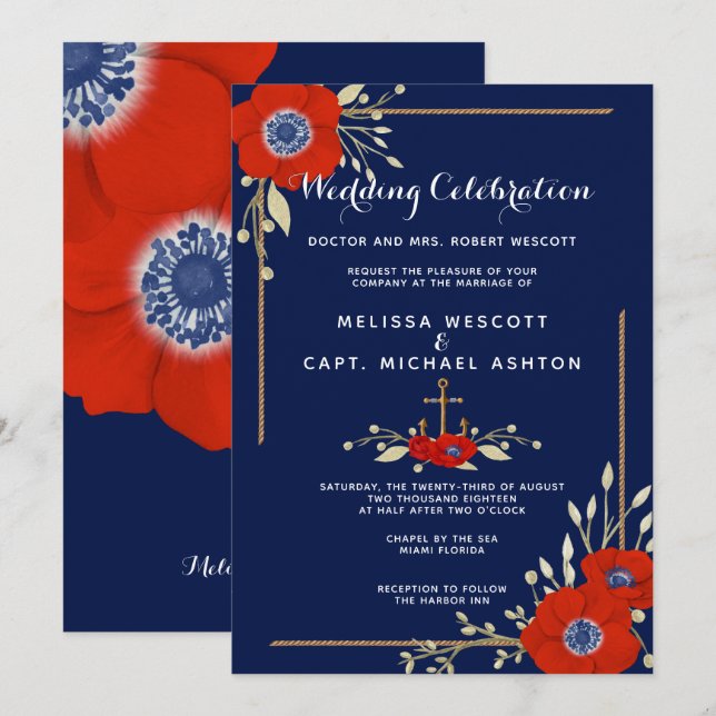 Red White & Blue Formal Anemone Nautical Wedding Einladung (Vorne/Hinten)