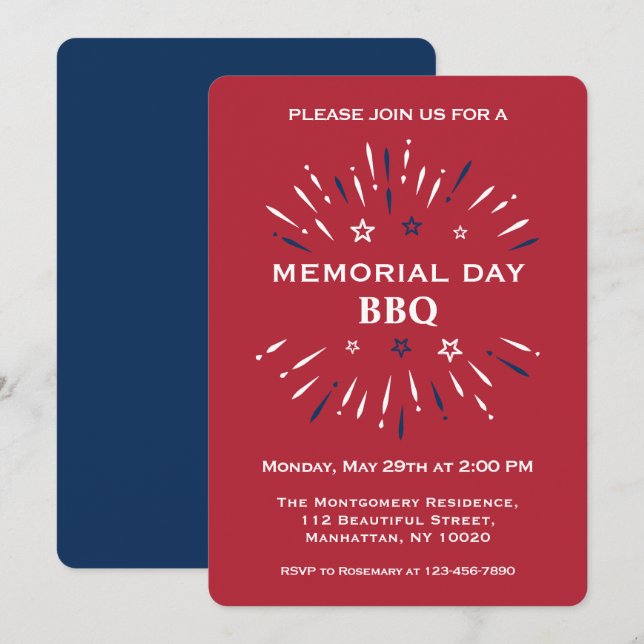 Red White Blue Fun Feuerwerk Gedenktag GRILLEN Einladung (Vorne/Hinten)