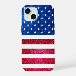 Red White Blue Glitzer Patriotic American Flag iPhone 15 Hülle
