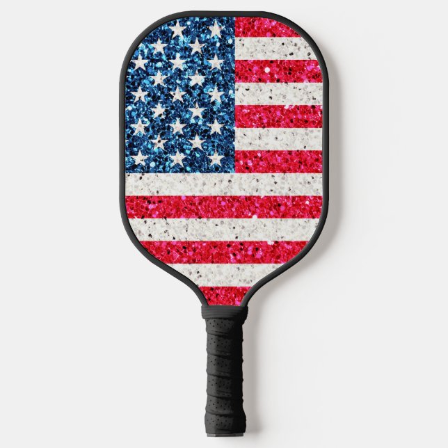 Red White Blue Glitzer Patriotic American USA Flag Pickleball Schläger (Vorderseite)