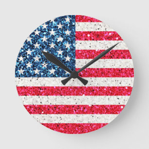 Red White Blue Glitzer Patriotic American USA Flag Runde Wanduhr