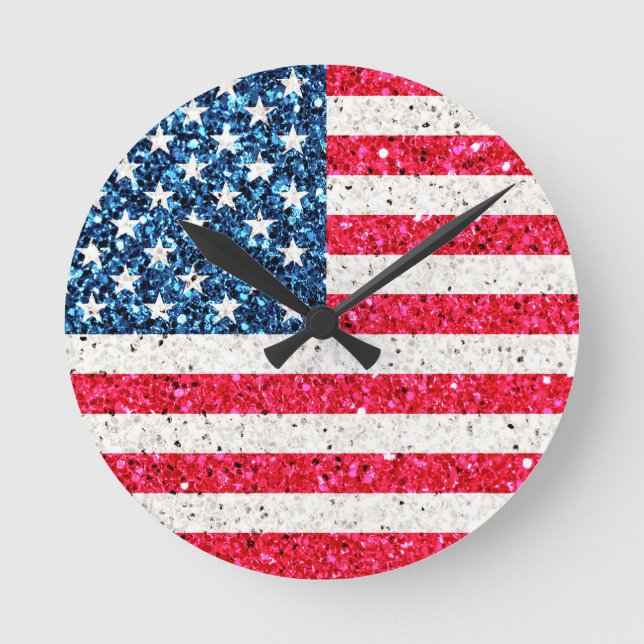Red White Blue Glitzer Patriotic American USA Flag Runde Wanduhr (Vorderseite)