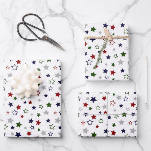 Red White Blue Green Gray Stars Geschenkpapier Set