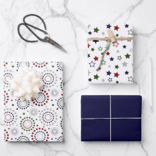 Red White Blue Green Grecles Stars Geschenkpapier Set