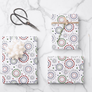 Red White Blue Green Grey Star Circles Geschenkpapier Set