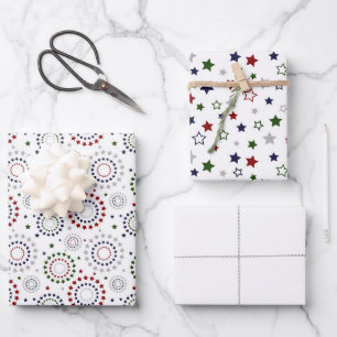 Red White Blue Green Grey Star Circles Wrapping Pa Geschenkpapier Set