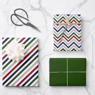 Red White Blue Green Zig Zag Streifen Geschenkpapier Set