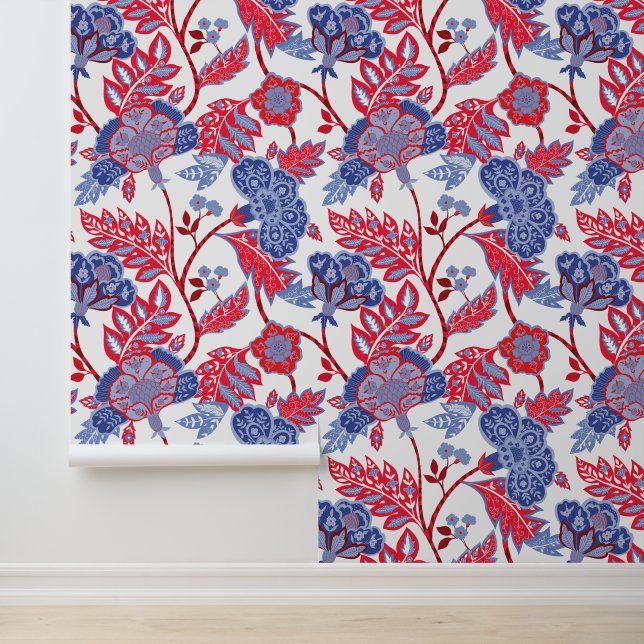 Red White & Blue Indian Floral Pattern Tapete (Anwendung)
