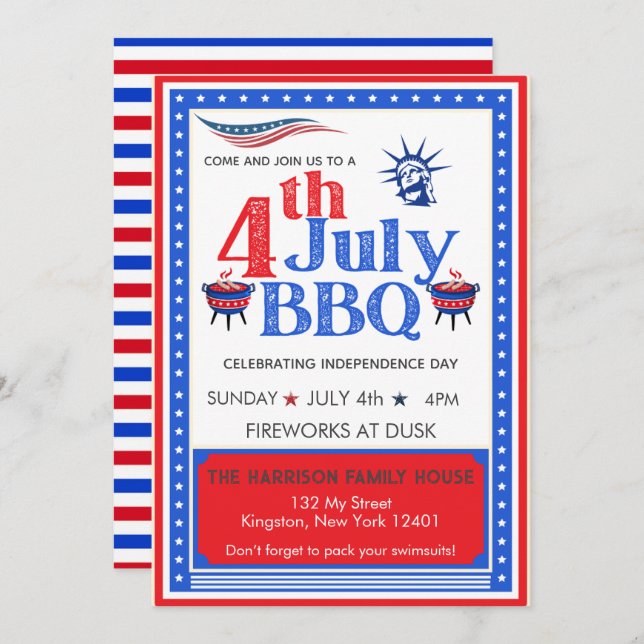 Red White Blue July 4. Party GRILLEN Celebration Einladung (Vorne/Hinten)