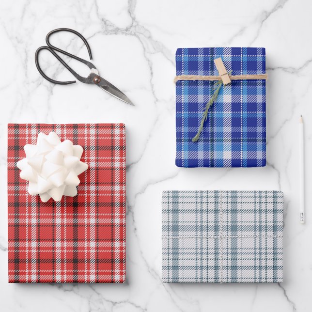 Red White Blue Kariert Wrapping Paper Set 3 Geschenkpapier Set (Vorderseite)