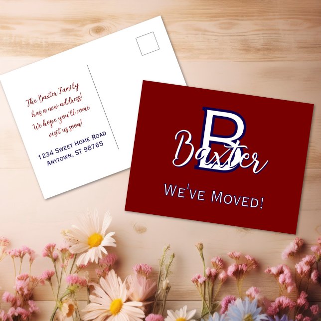 Red White & Blue Name und Monogramm "We ve Moved" Postkarte (Red White & Blue Name and Monogram "We've Moved" Postcard
)