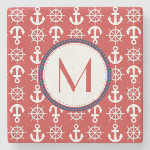 Red White Blue Nautical Anchors Wheels Monogram Steinuntersetzer