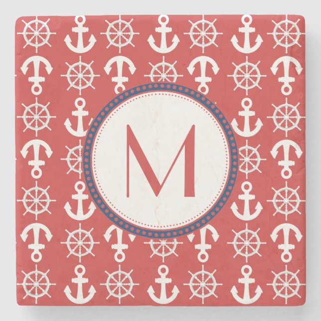 Red White Blue Nautical Anchors Wheels Monogram Steinuntersetzer (Vorderseite)