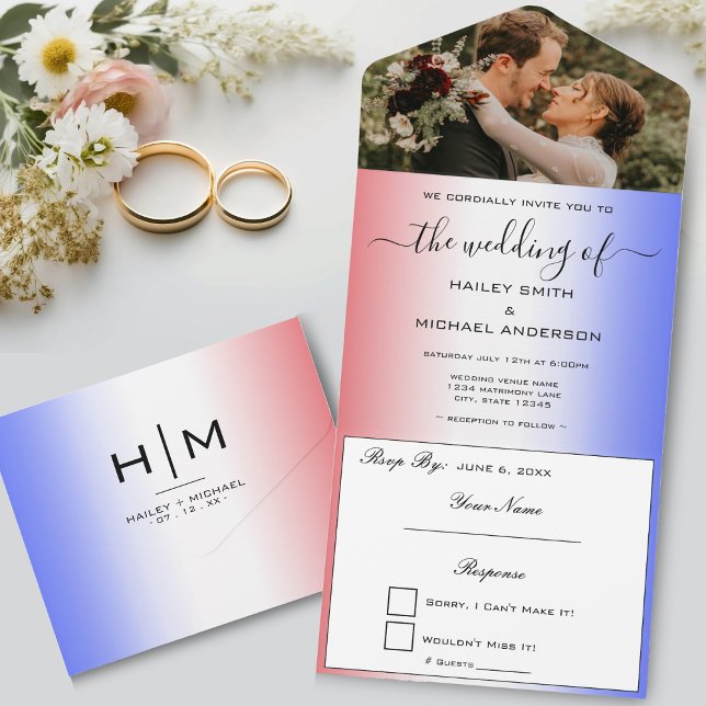 Red White & Blue Ombre Modernes Foto Hochzeit All In One Einladung (Red White & Blue Ombre Modern Photo Wedding All In One Invitation)