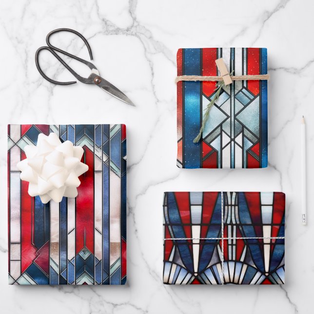 Red White Blue Patriotic gesteinigtes Glas 4. Juli Geschenkpapier Set (Vorderseite)