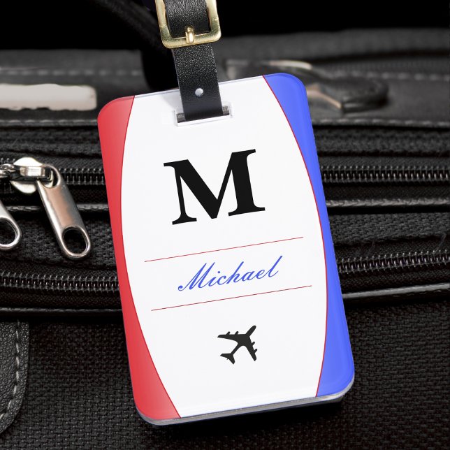 Red White & Blue Patriotic Name Monogram Suitcase Gepäckanhänger (red white and blue monogram airplane pilot luggage tag)