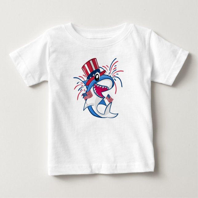 Red White Blue Patriotic Shark 4. Juli Baby T-shirt (Vorderseite)