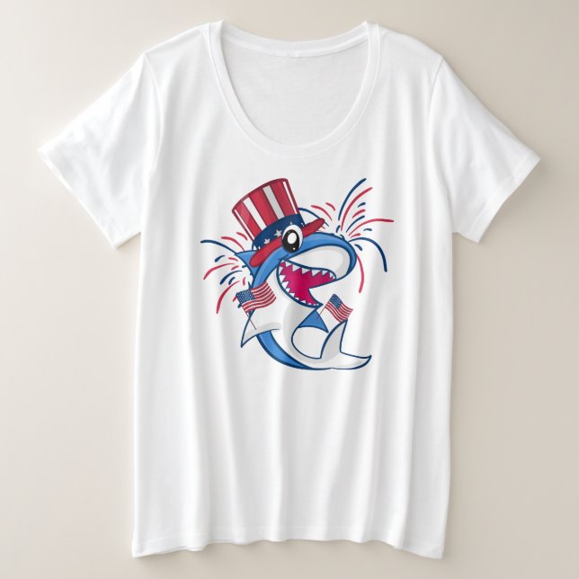 Red White Blue Patriotic Shark 4. Juli Große Größe T-Shirt (Design vorne)