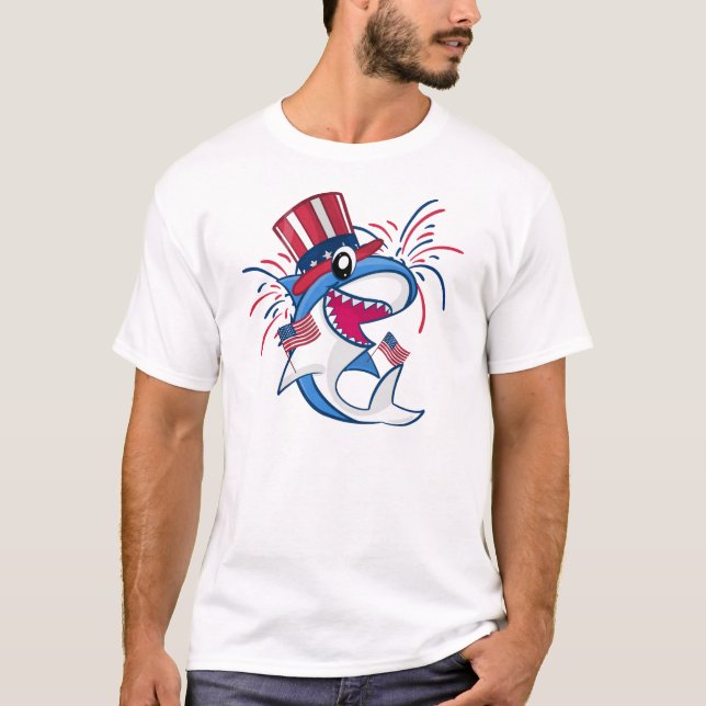 Red White Blue Patriotic Shark 4. Juli T-Shirt (Vorderseite)
