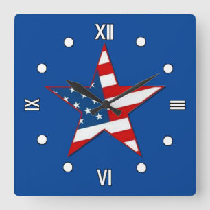 Red White & Blue Patriotic Star Wall Clock Quadratische Wanduhr