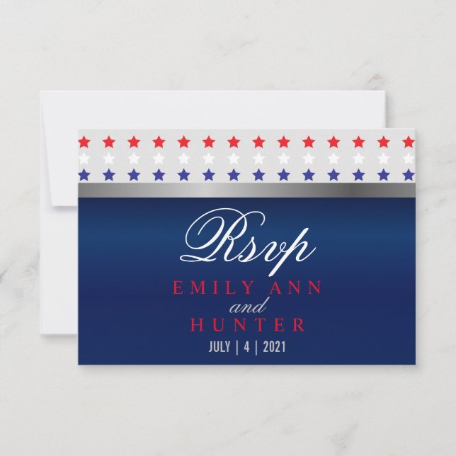 Red, White & Blue Patriotic Star Wedding RSVP Karte (Vorderseite)