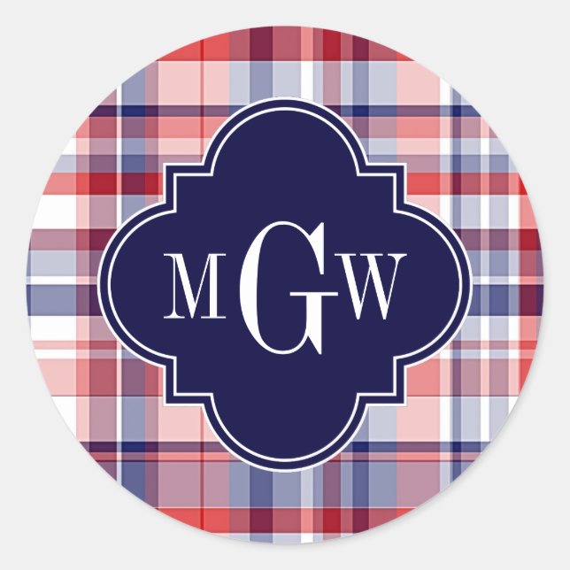 Red White Blue Preppy Monogram Runder Aufkleber (Vorderseite)