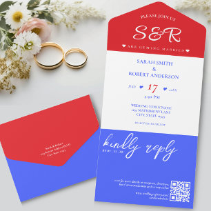 Red White & Blue QR Code Hochzeit All In One Einladung
