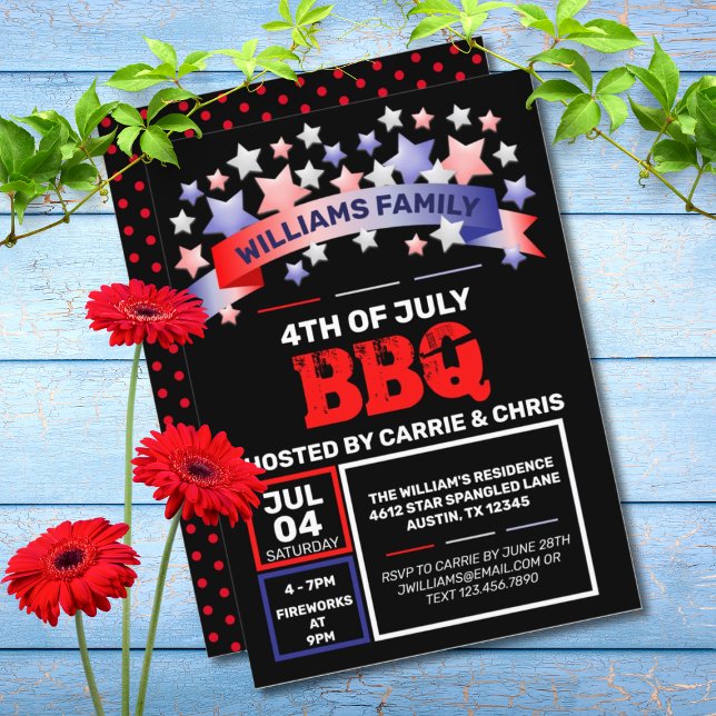 Red White & Blue Ribbon & Stars 4. Juli GRILLEN Einladung (RED, WHITE, & BLUE 4TH OF JULY BBQ INVITATION)