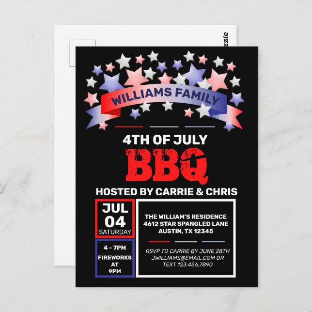 Red White & Blue Ribbon & Stars 4. Juli GRILLEN Postkarte (Vorne/Hinten)