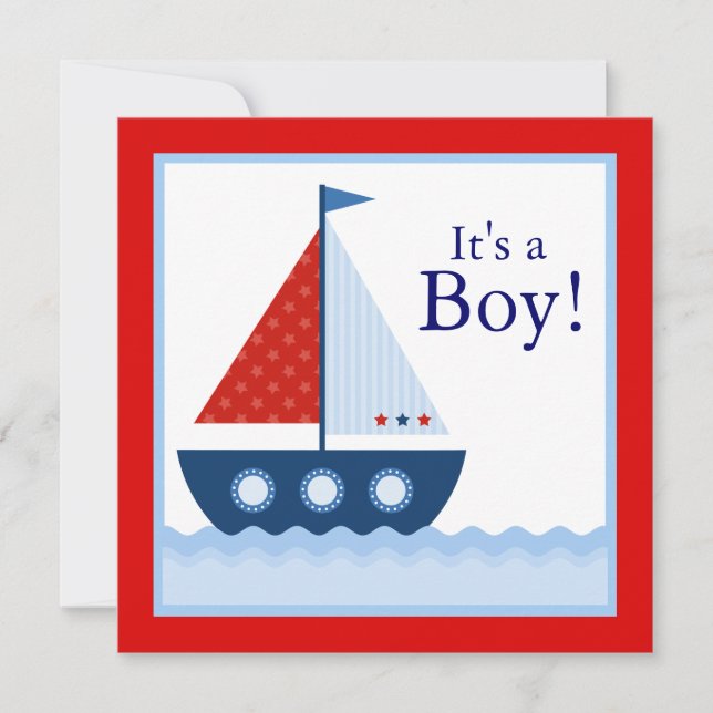 Red White Blue Sailboat Nautical Baby Dusche Einladung (Vorderseite)